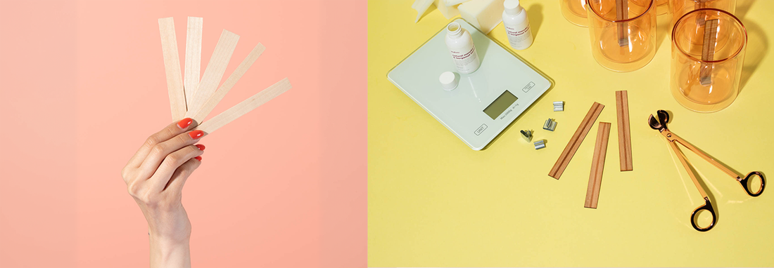 High-quality wood wicks and candle-making supplies arranged on a colorful pink and yellow background.