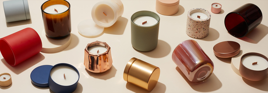 Glass, ceramic, and metal candle vessels displayed with candles, comparing container types for scent throw, heat retention, and candle performance.