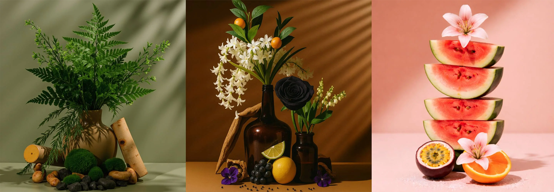 Seasonal fragrance ingredients including evergreen botanicals, citrus fruits, and floral notes, representing popular Christmas, fall, and summer candle scents.