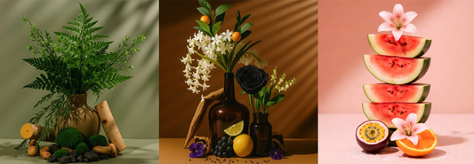 Seasonal fragrance ingredients including evergreen botanicals, citrus fruits, and floral notes, representing popular Christmas, fall, and summer candle scents.