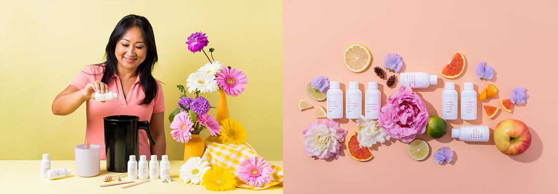 Candle maker blending premium fragrance oils with floral and fruit botanical ingredients.