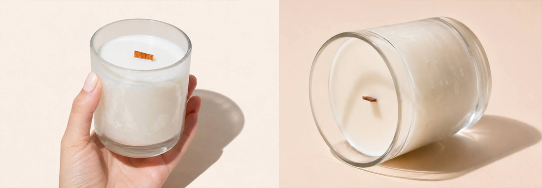 Clear glass jars with soy candles showing wet spots and poor glass adhesion on a beige background.