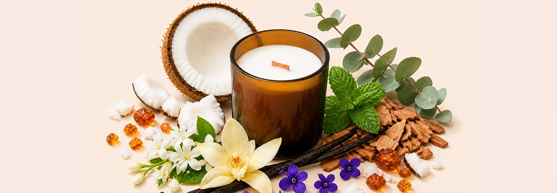 Modern scented candle with natural ingredients and botanical elements, showcasing popular candle making trends and customer preferences in 2026.