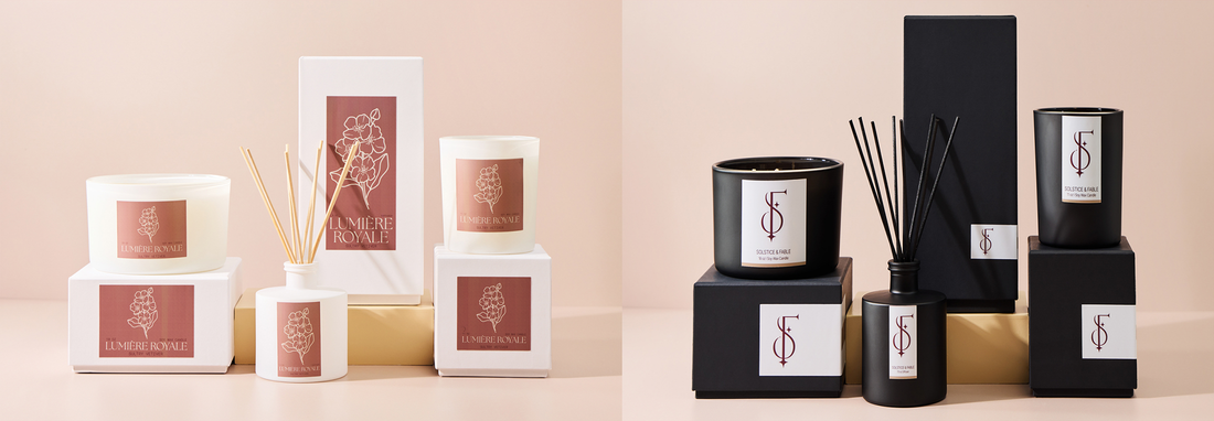 Elegant minimalist candle styles and high-end matching packaging designs for luxury candle brands.